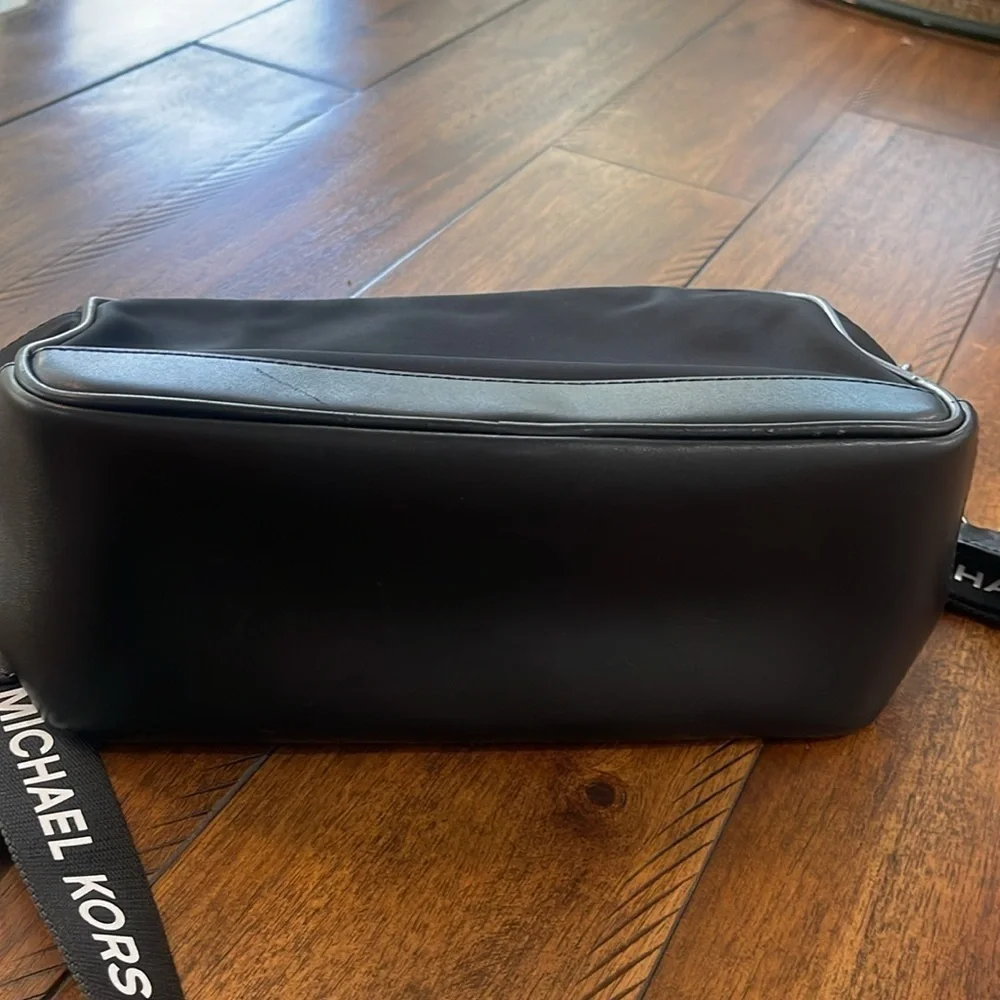 Michael Kors black white nylon camera crossbody bag webbing logo strap